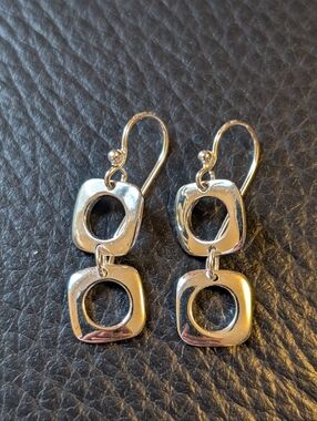 Silver Double Square Drop Earrings - Unbranded